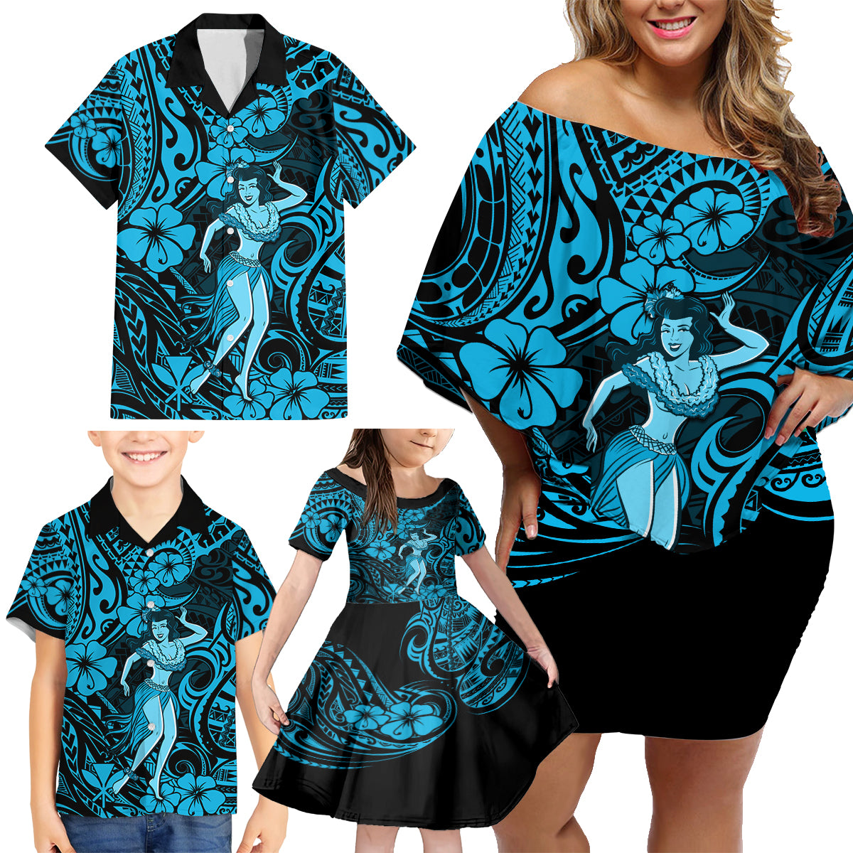 Hawaii Hula Girl Family Matching Off Shoulder Short Dress and Hawaiian Shirt Hibiscus Hawaii Tribal Tattoo Sky Blue Version LT01 - Polynesian Pride