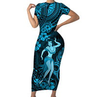 Hawaii Hula Girl Family Matching Short Sleeve Bodycon Dress and Hawaiian Shirt Hibiscus Hawaii Tribal Tattoo Sky Blue Version LT01 Mom's Dress Blue - Polynesian Pride