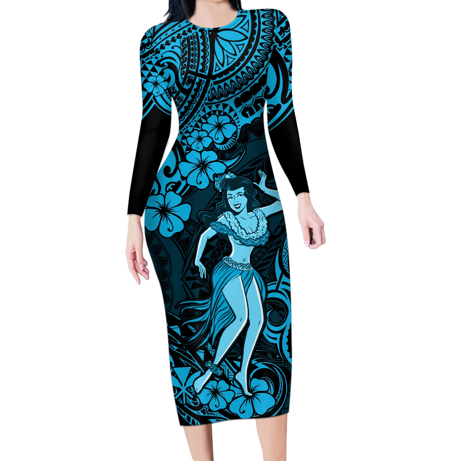 Hawaii Hula Girl Long Sleeve Bodycon Dress Hibiscus Hawaii Tribal Tattoo Sky Blue Version LT01 Long Dress Blue - Polynesian Pride