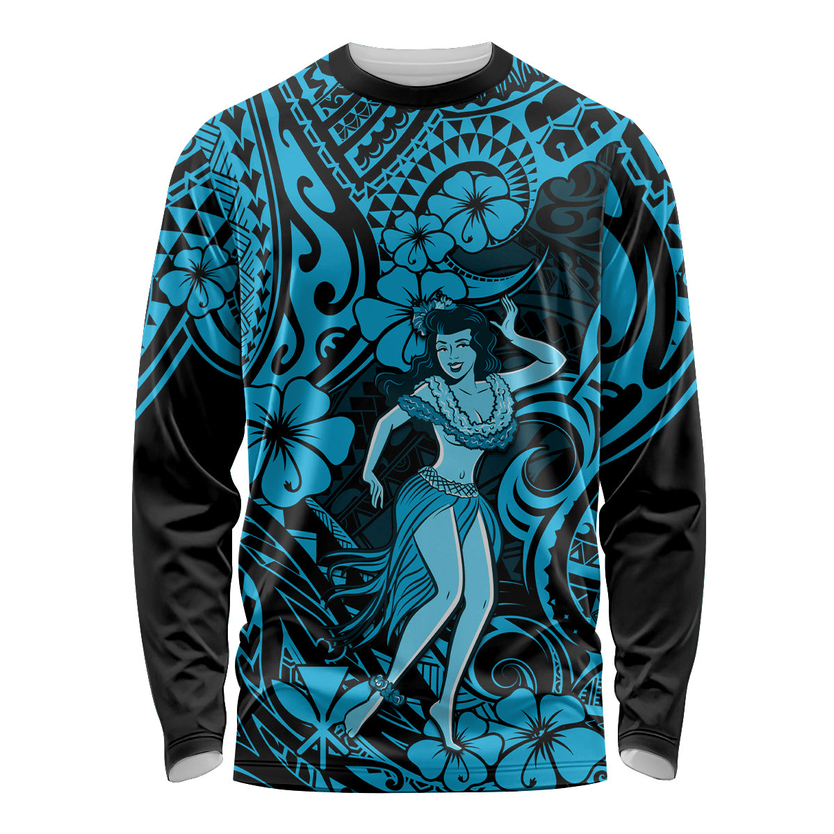 Hawaii Hula Girl Long Sleeve Shirt Hibiscus Hawaii Tribal Tattoo Sky Blue Version LT01 Unisex Blue - Polynesian Pride