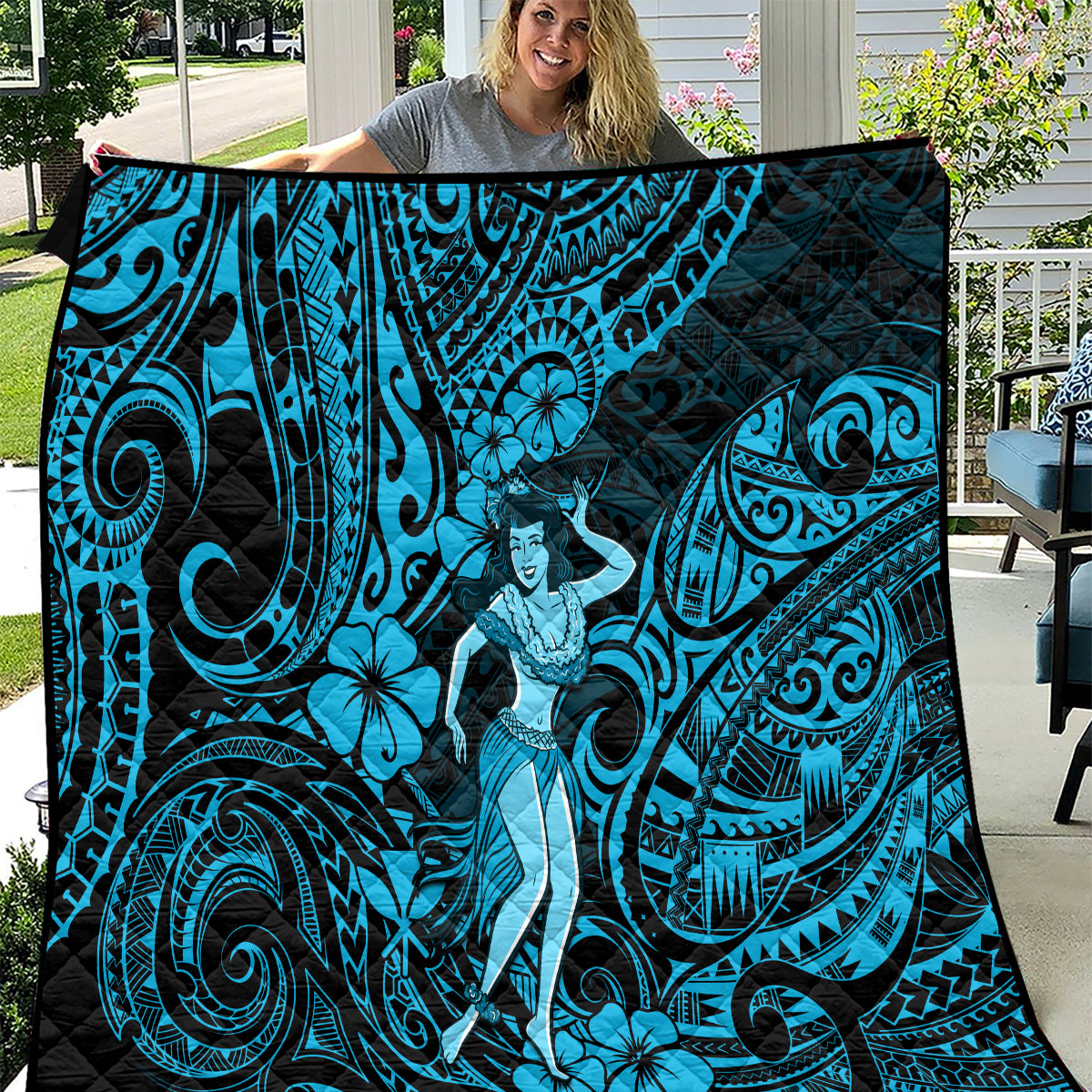 Hawaii Hula Girl Quilt Hibiscus Hawaii Tribal Tattoo Sky Blue Version LT01 Blue - Polynesian Pride