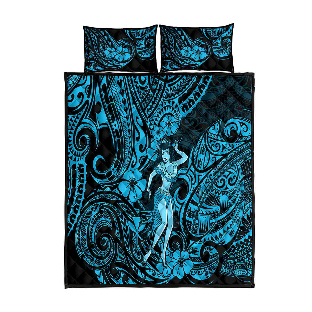 Hawaii Hula Girl Quilt Bed Set Hibiscus Hawaii Tribal Tattoo Sky Blue Version LT01 Blue - Polynesian Pride