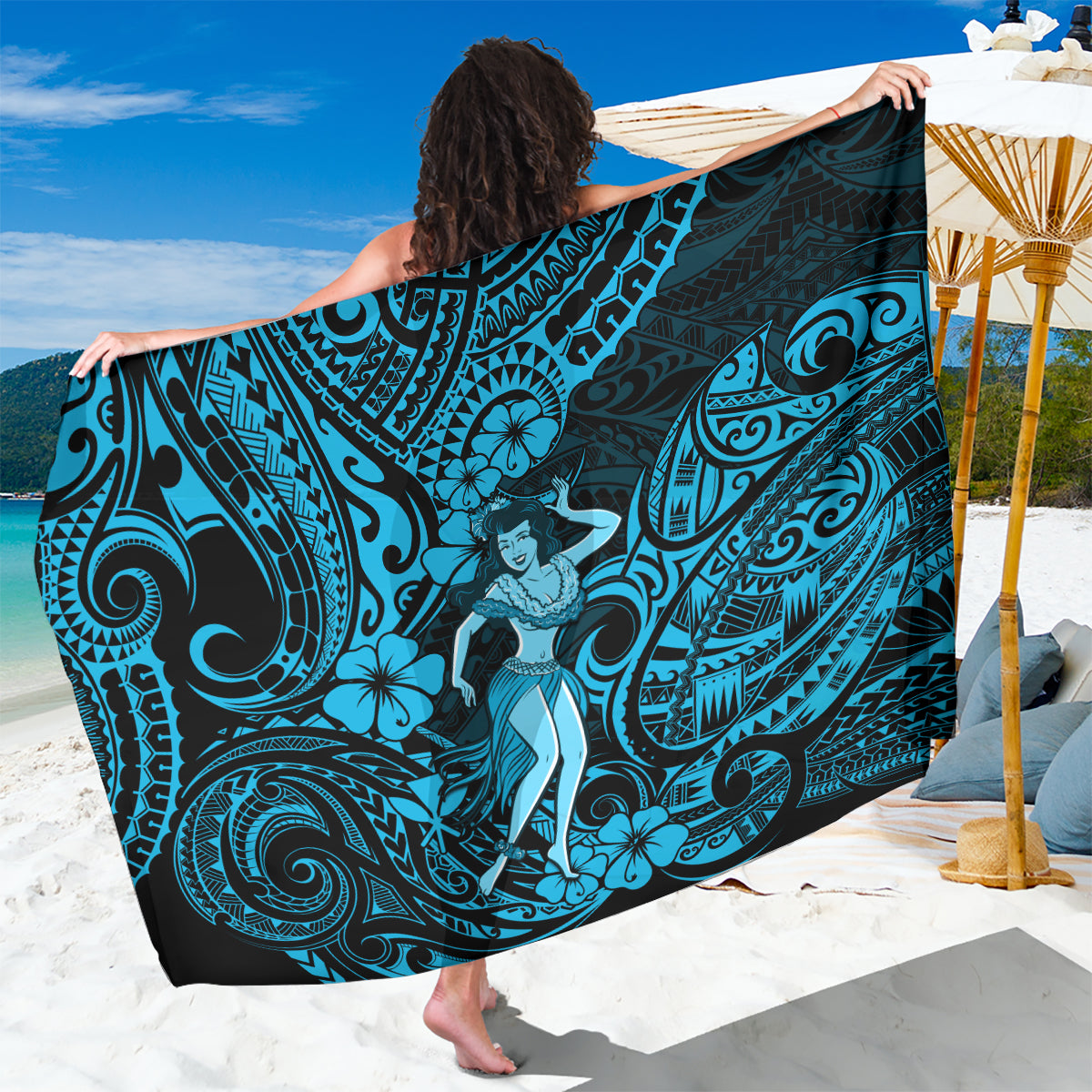 Hawaii Hula Girl Sarong Hibiscus Hawaii Tribal Tattoo Sky Blue Version LT01 One Size 44 x 66 inches Blue - Polynesian Pride