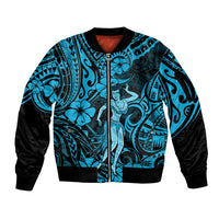 Hawaii Hula Girl Sleeve Zip Bomber Jacket Hibiscus Hawaii Tribal Tattoo Sky Blue Version LT01 Unisex Blue - Polynesian Pride