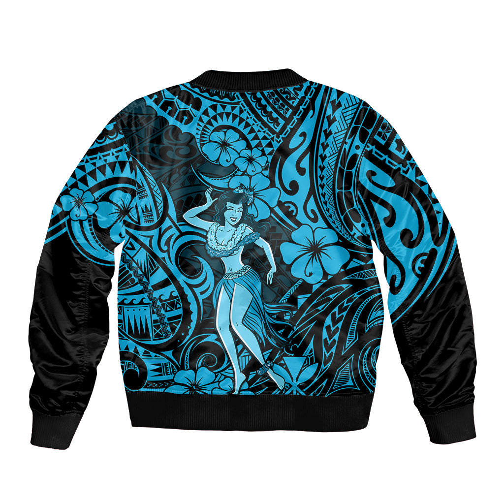 Hawaii Hula Girl Sleeve Zip Bomber Jacket Hibiscus Hawaii Tribal Tattoo Sky Blue Version LT01 - Polynesian Pride