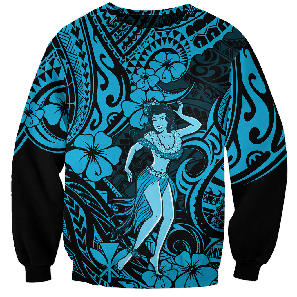 Hawaii Hula Girl Sweatshirt Hibiscus Hawaii Tribal Tattoo Sky Blue Version LT01 Unisex Blue - Polynesian Pride