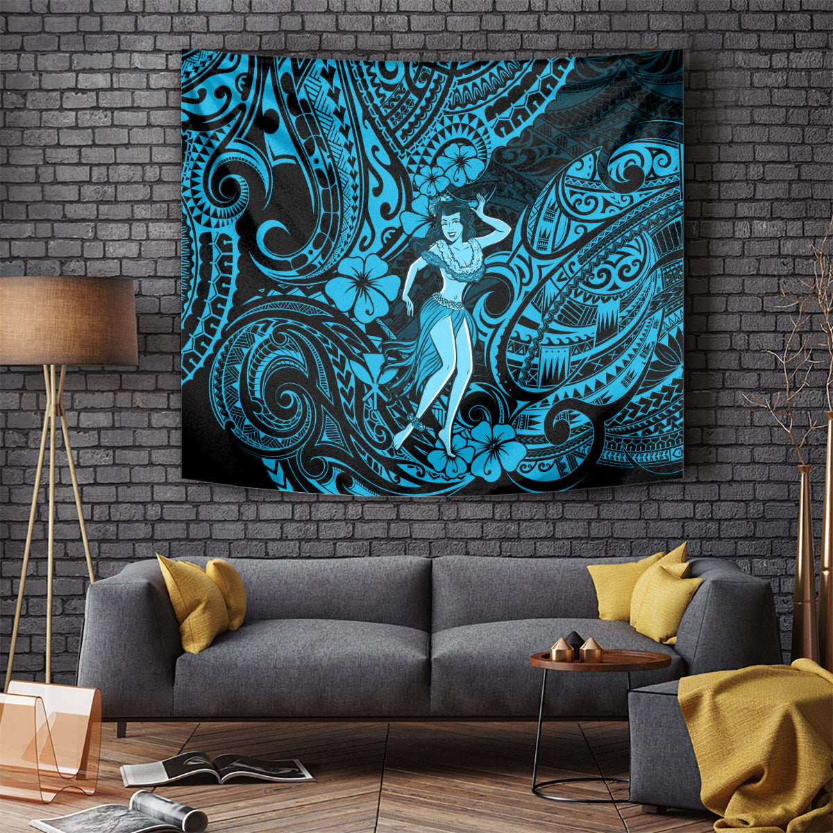 Hawaii Hula Girl Tapestry Hibiscus Hawaii Tribal Tattoo Sky Blue Version LT01 Blue - Polynesian Pride