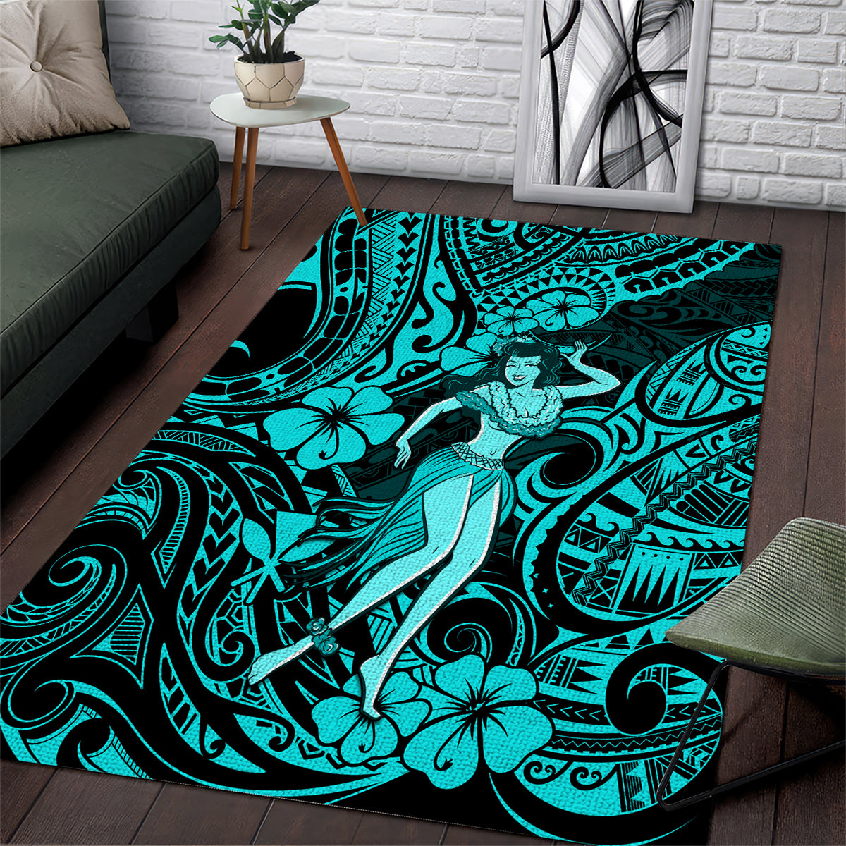 Hawaii Hula Girl Area Rug Hibiscus Hawaii Tribal Tattoo Turquoise Version LT01 Turquoise - Polynesian Pride