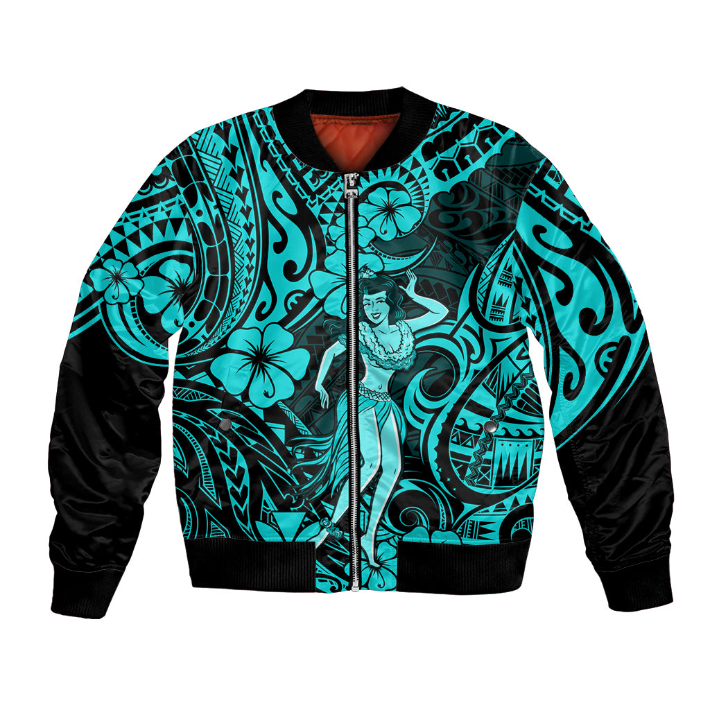 Hawaii Hula Girl Bomber Jacket Hibiscus Hawaii Tribal Tattoo Turquoise Version LT01 Unisex Turquoise - Polynesian Pride