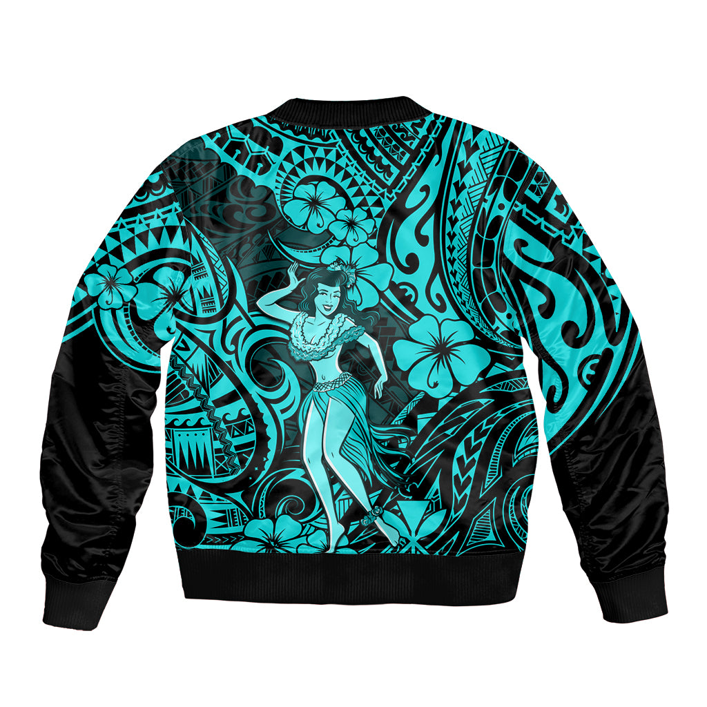 Hawaii Hula Girl Bomber Jacket Hibiscus Hawaii Tribal Tattoo Turquoise Version LT01 - Polynesian Pride