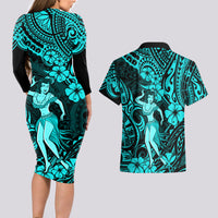 Hawaii Hula Girl Couples Matching Long Sleeve Bodycon Dress and Hawaiian Shirt Hibiscus Hawaii Tribal Tattoo Turquoise Version LT01 - Polynesian Pride
