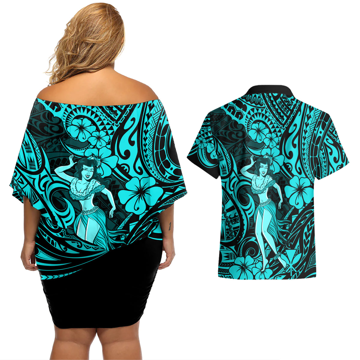 Hawaii Hula Girl Couples Matching Off Shoulder Short Dress and Hawaiian Shirt Hibiscus Hawaii Tribal Tattoo Turquoise Version LT01 - Polynesian Pride