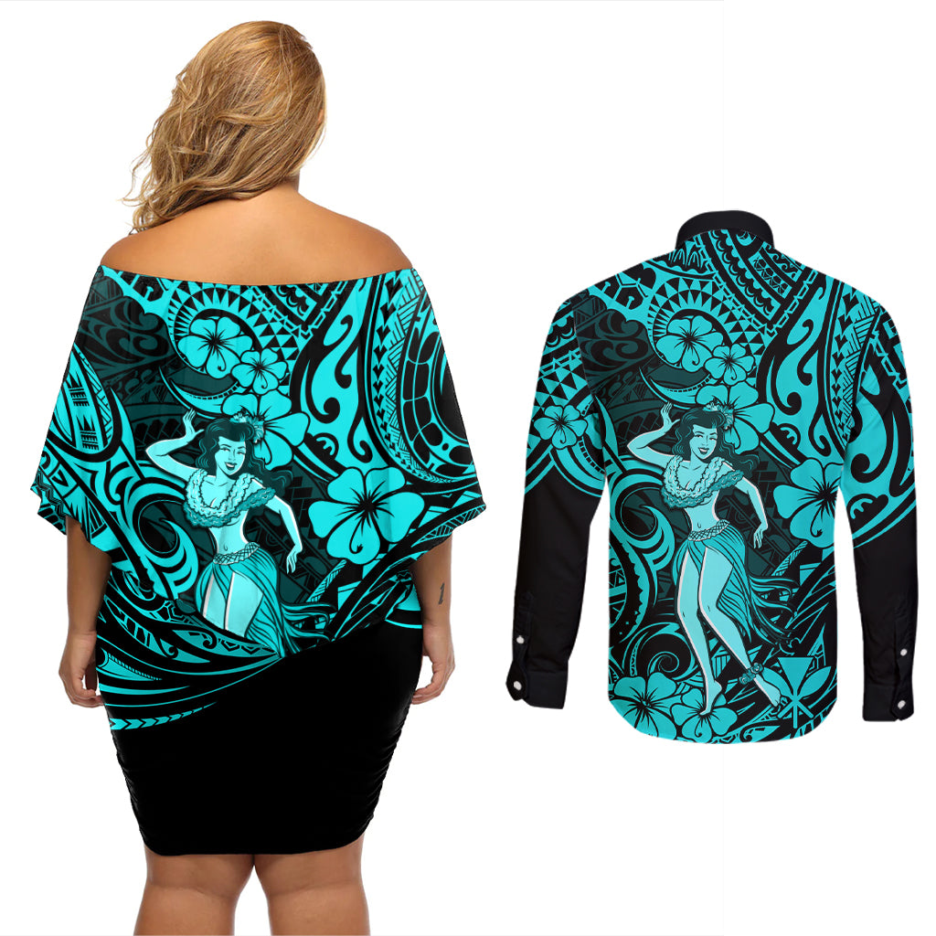 Hawaii Hula Girl Couples Matching Off Shoulder Short Dress and Long Sleeve Button Shirts Hibiscus Hawaii Tribal Tattoo Turquoise Version LT01 - Polynesian Pride