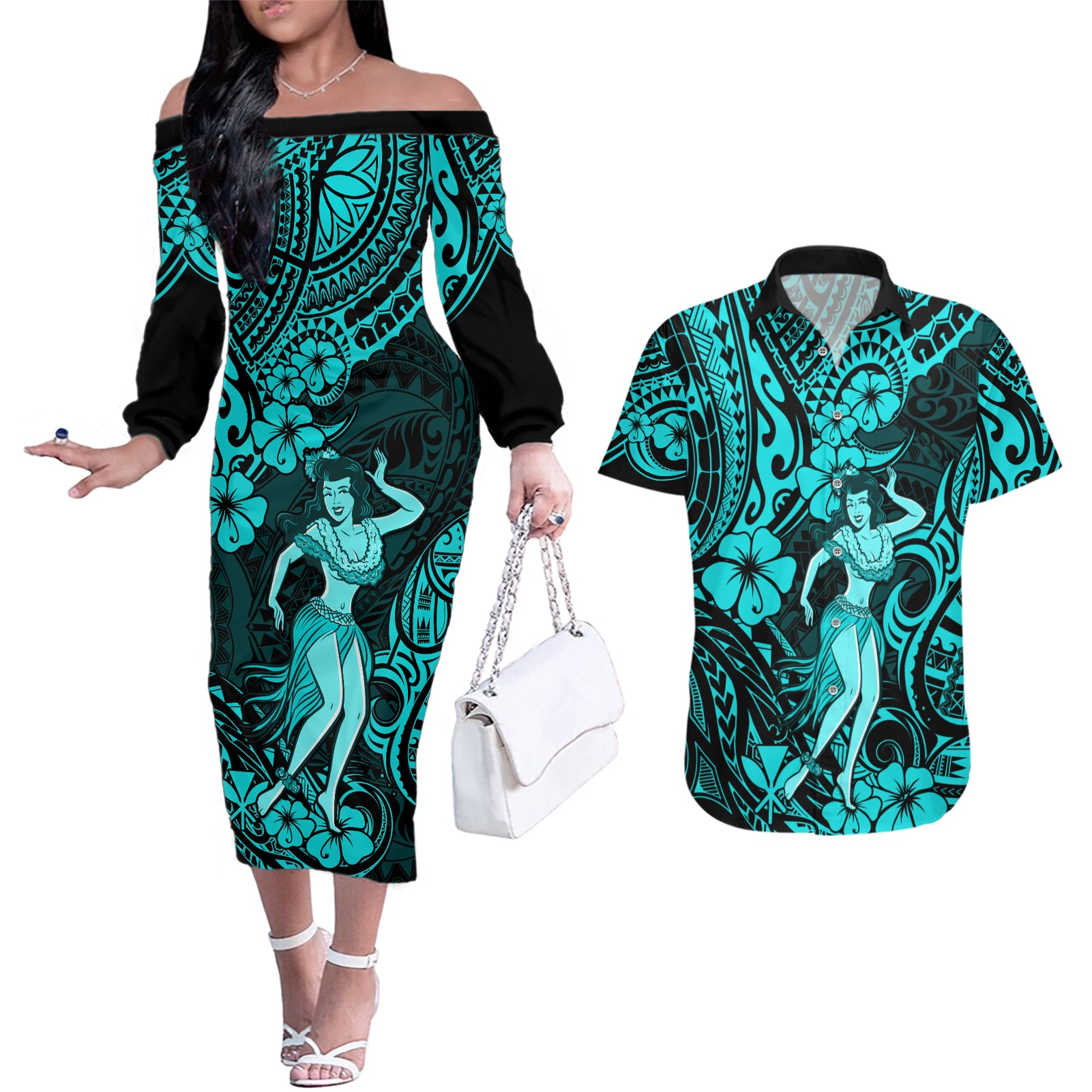 Hawaii Hula Girl Couples Matching Off The Shoulder Long Sleeve Dress and Hawaiian Shirt Hibiscus Hawaii Tribal Tattoo Turquoise Version LT01 Turquoise - Polynesian Pride