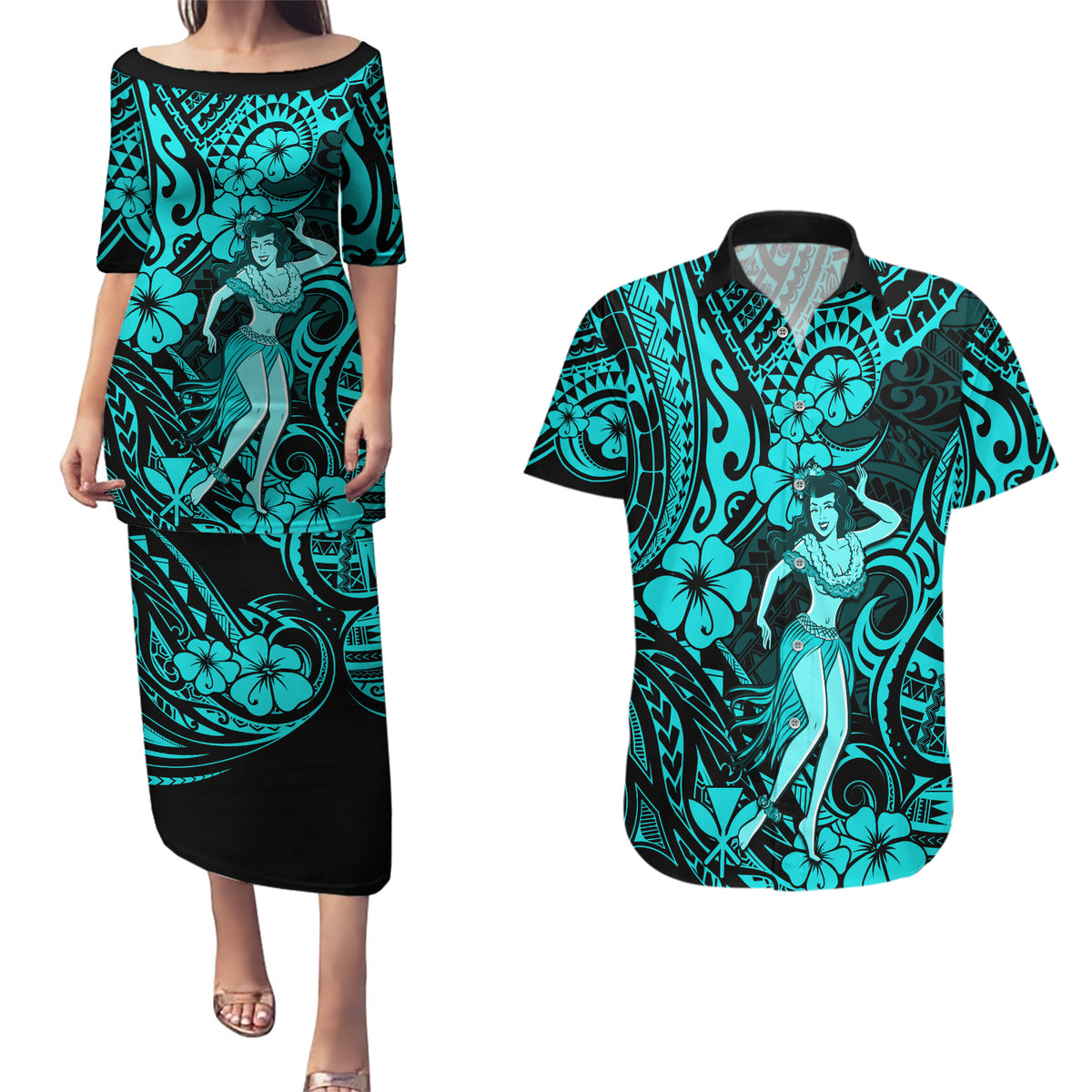 Hawaii Hula Girl Couples Matching Puletasi Dress and Hawaiian Shirt Hibiscus Hawaii Tribal Tattoo Turquoise Version LT01 Turquoise - Polynesian Pride
