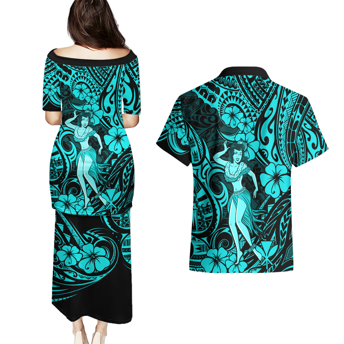 Hawaii Hula Girl Couples Matching Puletasi Dress and Hawaiian Shirt Hibiscus Hawaii Tribal Tattoo Turquoise Version LT01 - Polynesian Pride