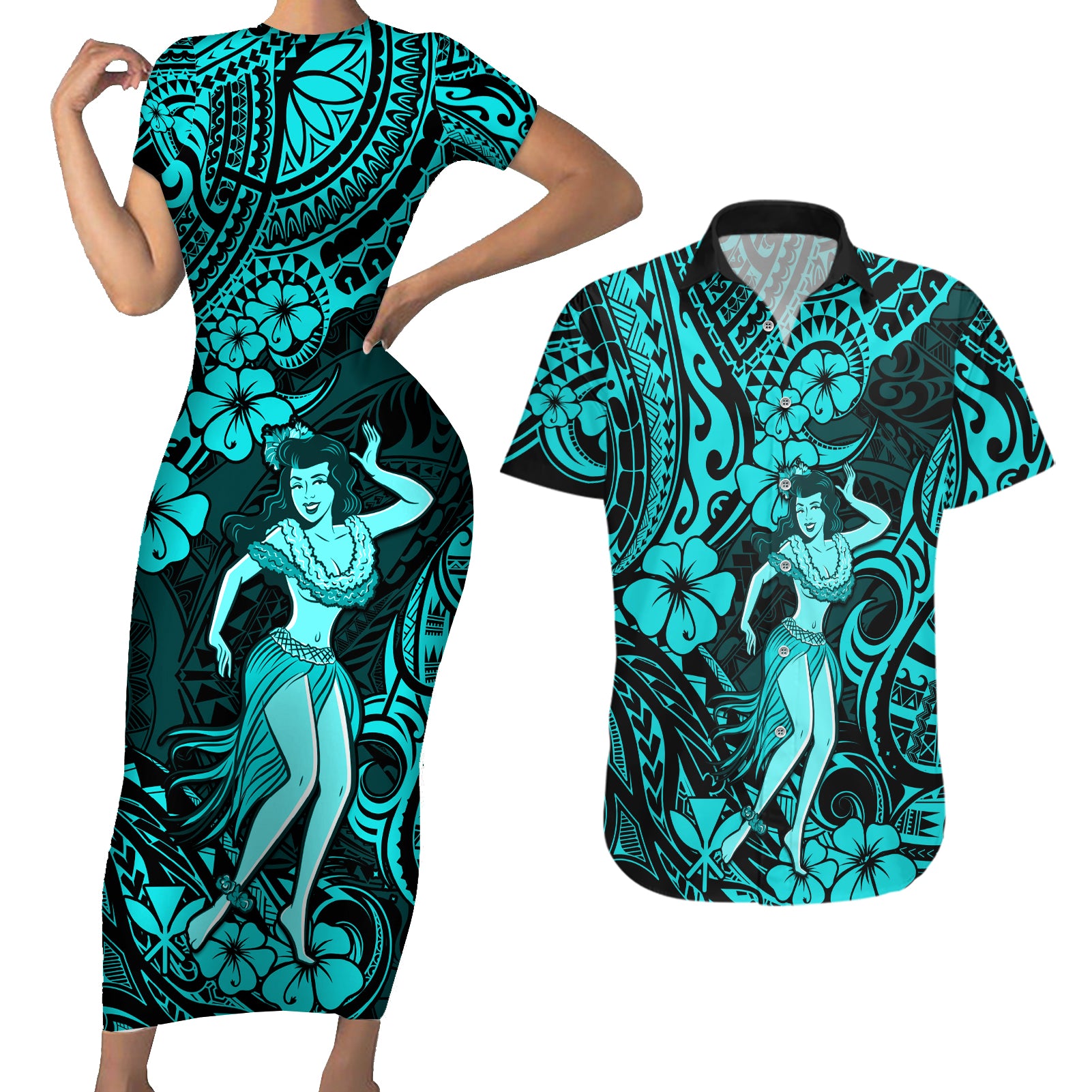 Hawaii Hula Girl Couples Matching Short Sleeve Bodycon Dress and Hawaiian Shirt Hibiscus Hawaii Tribal Tattoo Turquoise Version LT01 Turquoise - Polynesian Pride