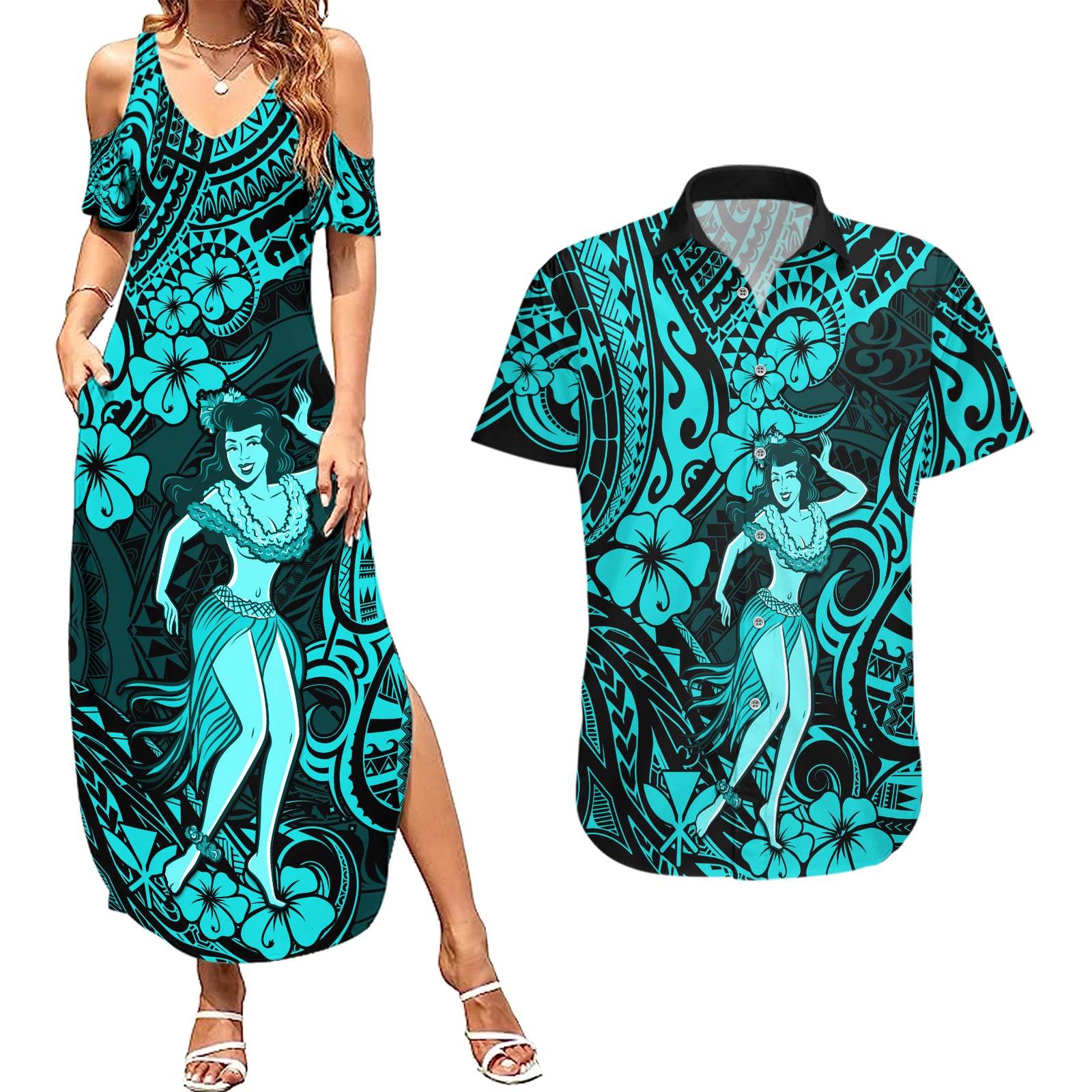 Hawaii Hula Girl Couples Matching Summer Maxi Dress and Hawaiian Shirt Hibiscus Hawaii Tribal Tattoo Turquoise Version LT01 Turquoise - Polynesian Pride