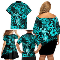 Hawaii Hula Girl Family Matching Off Shoulder Short Dress and Hawaiian Shirt Hibiscus Hawaii Tribal Tattoo Turquoise Version LT01 - Polynesian Pride