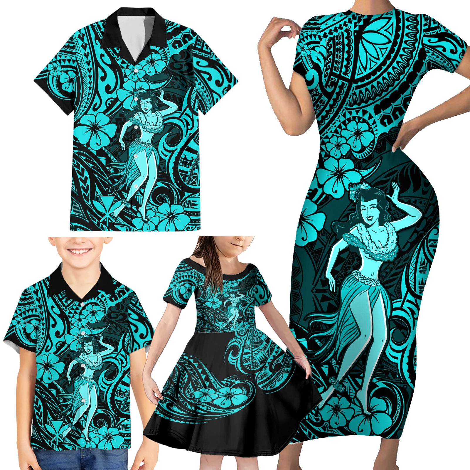 Hawaii Hula Girl Family Matching Short Sleeve Bodycon Dress and Hawaiian Shirt Hibiscus Hawaii Tribal Tattoo Turquoise Version LT01 - Polynesian Pride