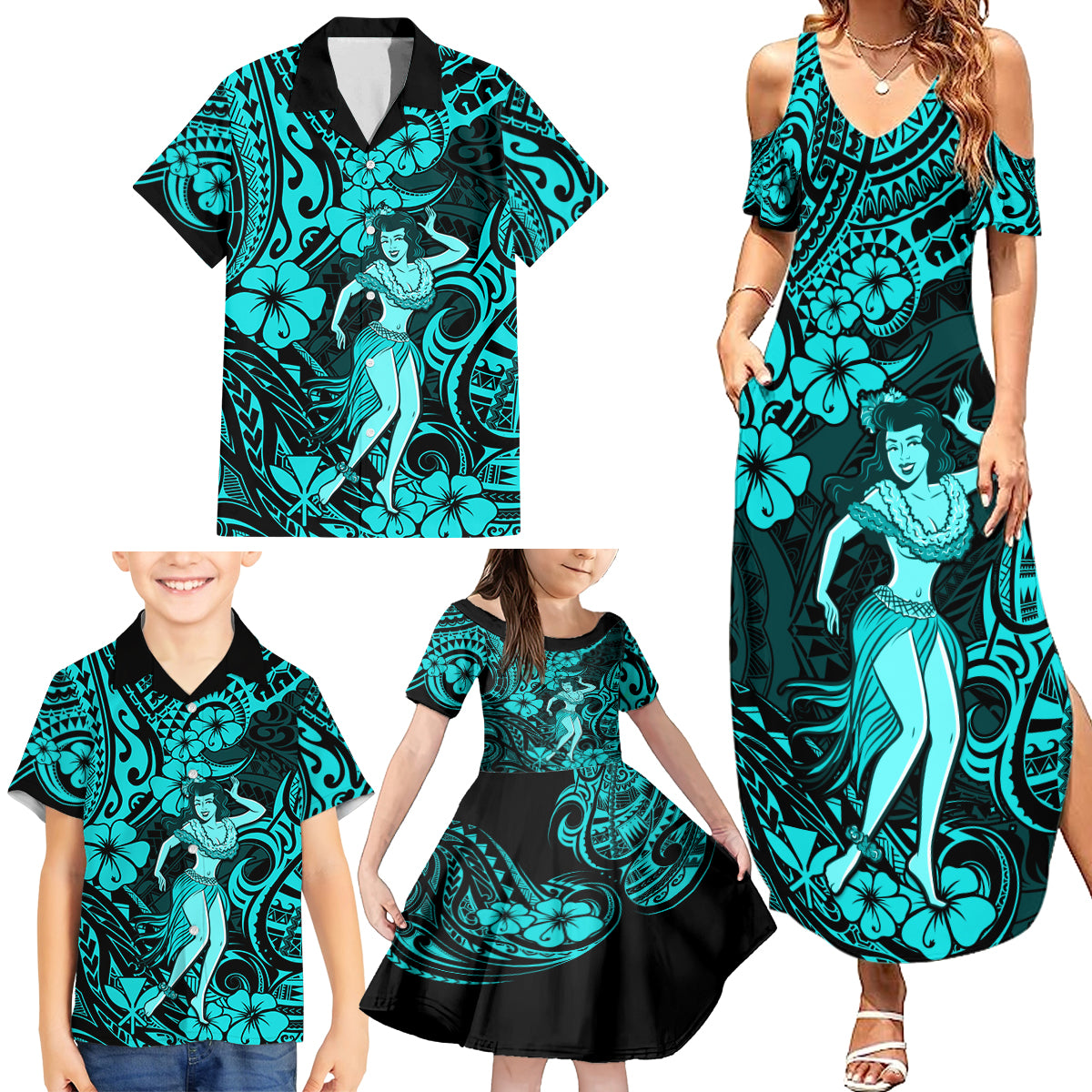 Hawaii Hula Girl Family Matching Summer Maxi Dress and Hawaiian Shirt Hibiscus Hawaii Tribal Tattoo Turquoise Version LT01 - Polynesian Pride