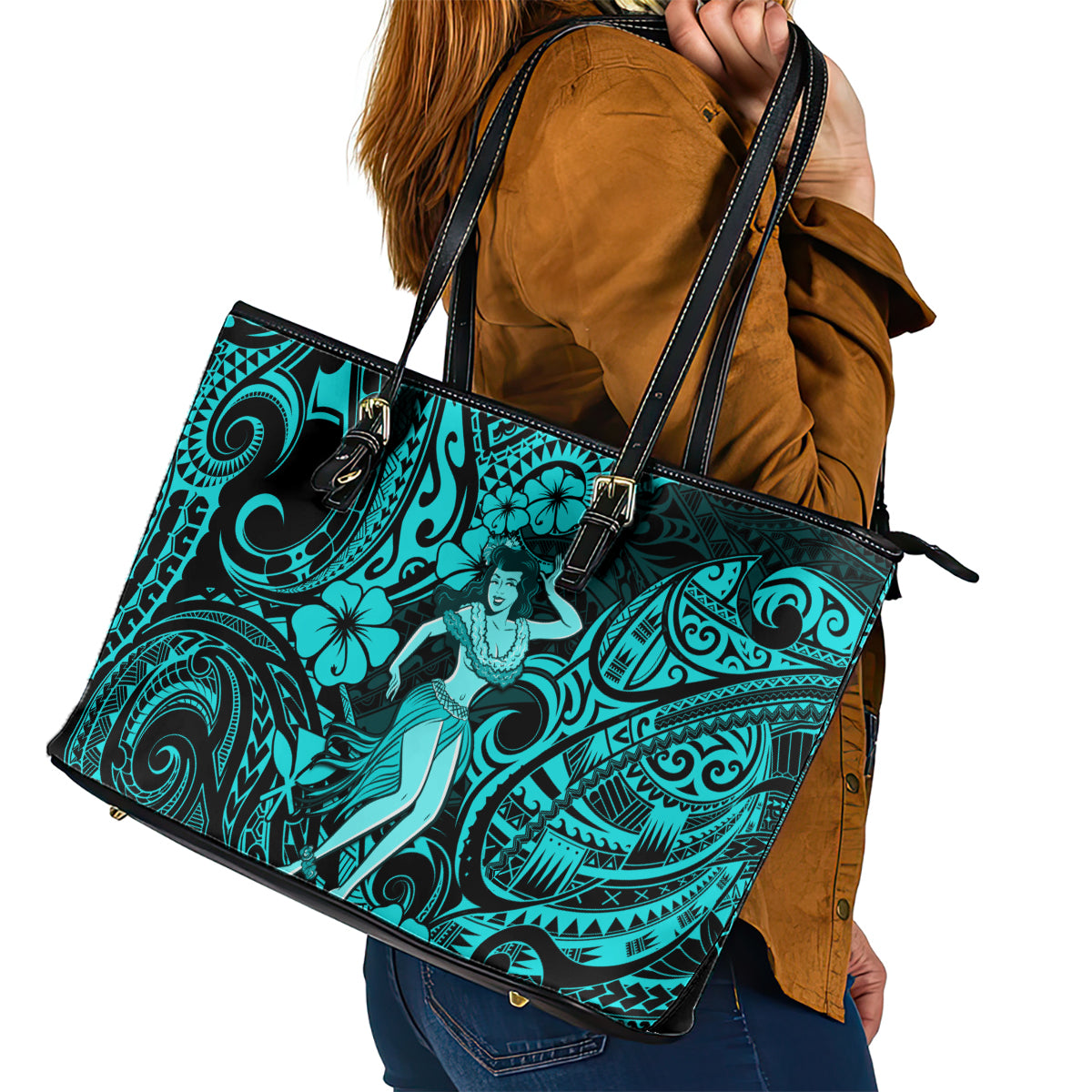 Hawaii Hula Girl Leather Tote Bag Hibiscus Hawaii Tribal Tattoo Turquoise Version LT01 - Polynesian Pride