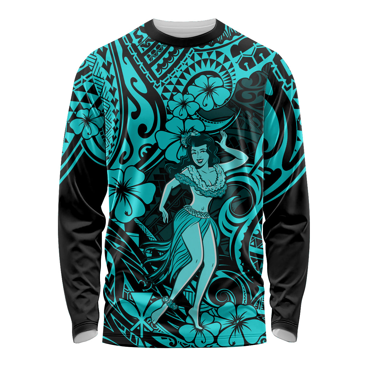 Hawaii Hula Girl Long Sleeve Shirt Hibiscus Hawaii Tribal Tattoo Turquoise Version LT01 Unisex Turquoise - Polynesian Pride