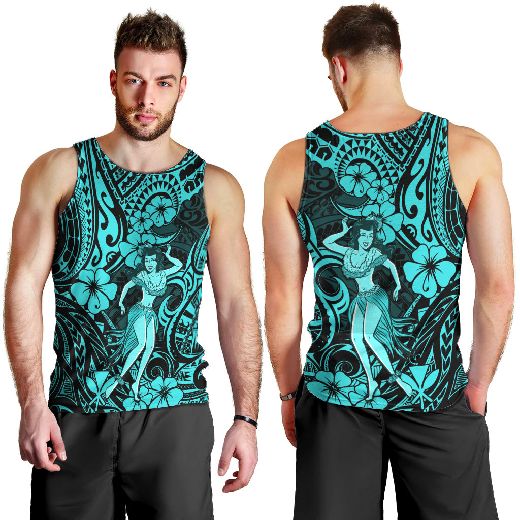 Hawaii Hula Girl Men Tank Top Hibiscus Hawaii Tribal Tattoo Turquoise Version LT01 - Polynesian Pride