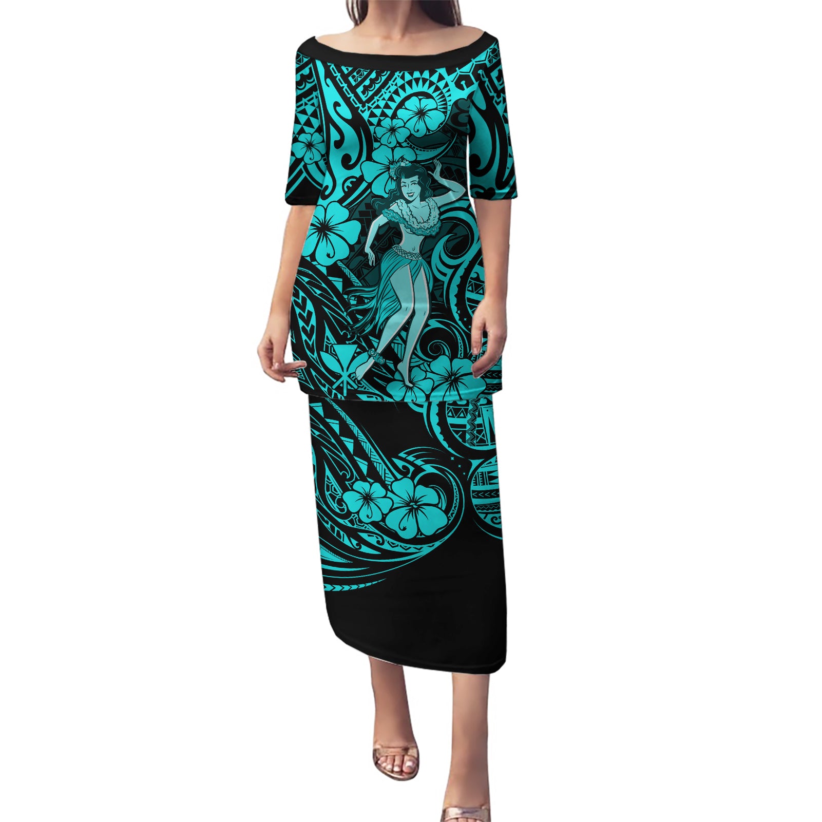 Hawaii Hula Girl Puletasi Hibiscus Hawaii Tribal Tattoo Turquoise Version LT01 Long Dress Turquoise - Polynesian Pride