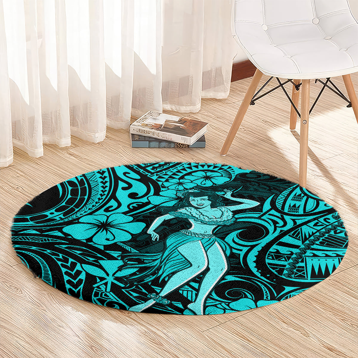 Hawaii Hula Girl Round Carpet Hibiscus Hawaii Tribal Tattoo Turquoise Version LT01 - Polynesian Pride