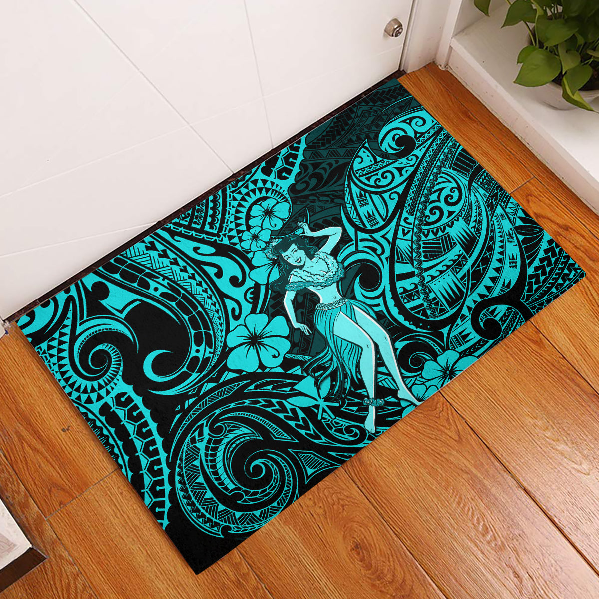 Hawaii Hula Girl Rubber Doormat Hibiscus Hawaii Tribal Tattoo Turquoise Version LT01 Turquoise - Polynesian Pride