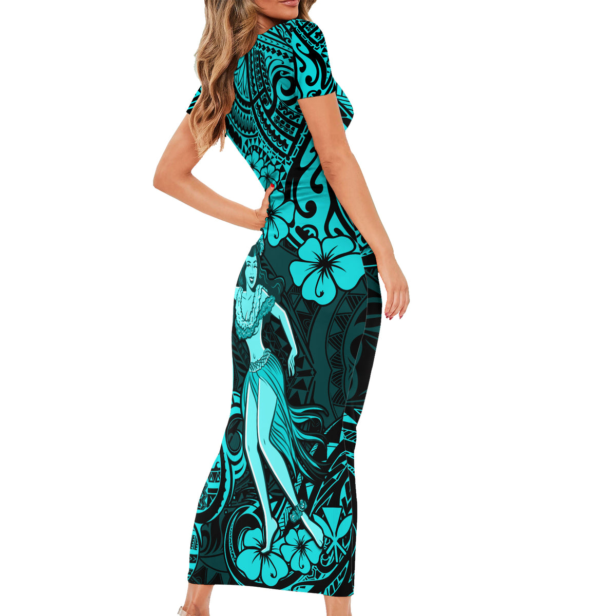 Hawaii Hula Girl Short Sleeve Bodycon Dress Hibiscus Hawaii Tribal Tattoo Turquoise Version LT01 - Polynesian Pride