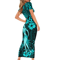 Hawaii Hula Girl Short Sleeve Bodycon Dress Hibiscus Hawaii Tribal Tattoo Turquoise Version LT01 - Polynesian Pride