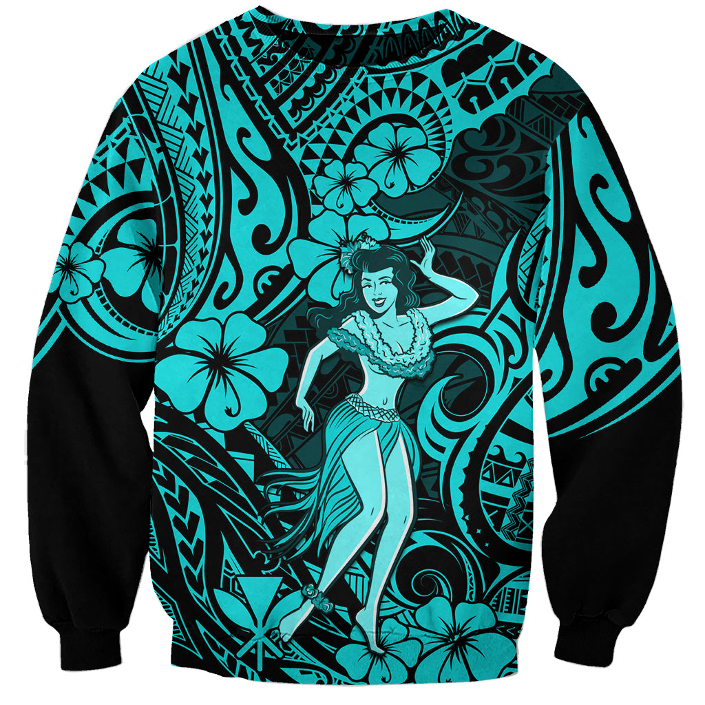 Hawaii Hula Girl Sweatshirt Hibiscus Hawaii Tribal Tattoo Turquoise Version LT01 Unisex Turquoise - Polynesian Pride