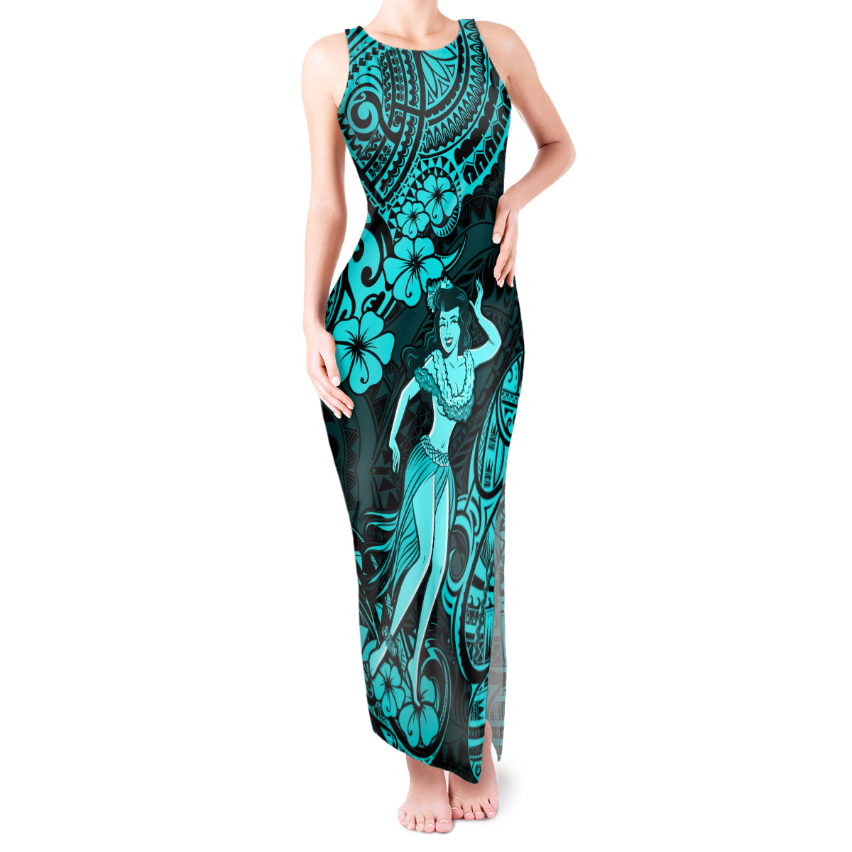 Hawaii Hula Girl Tank Maxi Dress Hibiscus Hawaii Tribal Tattoo Turquoise Version LT01 Women Turquoise - Polynesian Pride