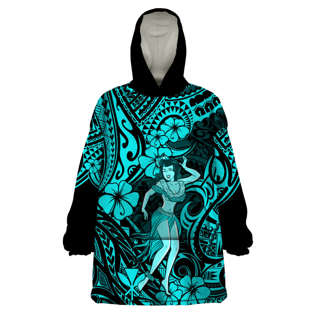 Hawaii Hula Girl Wearable Blanket Hoodie Hibiscus Hawaii Tribal Tattoo Turquoise Version LT01 One Size Turquoise - Polynesian Pride