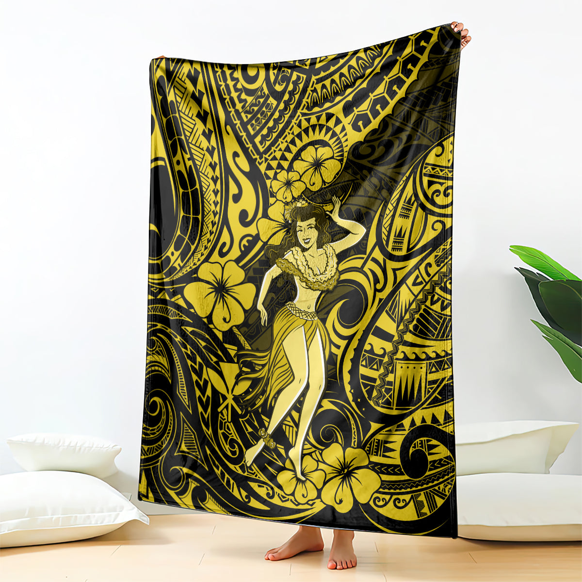 Hawaii Hula Girl Blanket Hibiscus Hawaii Tribal Tattoo Yellow Version LT01 Yellow - Polynesian Pride