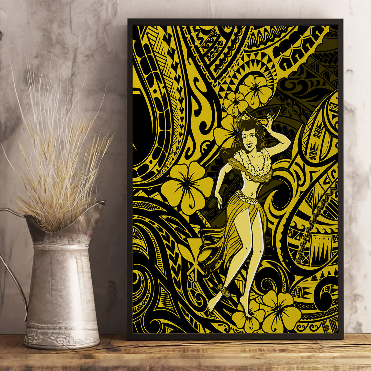 Hawaii Hula Girl Canvas Wall Art Hibiscus Hawaii Tribal Tattoo Yellow Version LT01 - Polynesian Pride