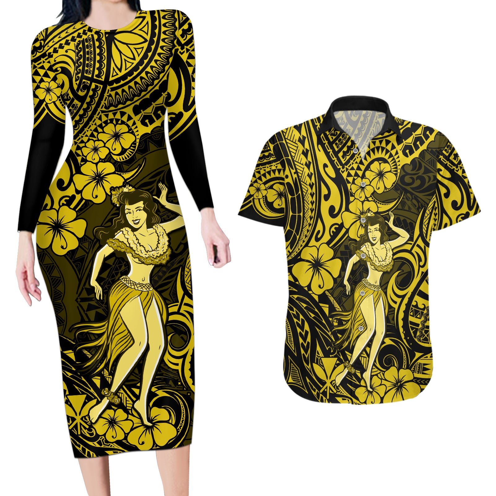 Hawaii Hula Girl Couples Matching Long Sleeve Bodycon Dress and Hawaiian Shirt Hibiscus Hawaii Tribal Tattoo Yellow Version LT01 Yellow - Polynesian Pride