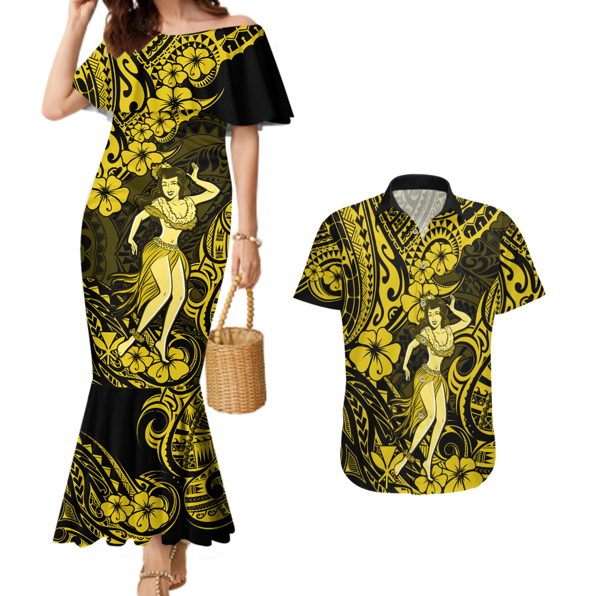 Hawaii Hula Girl Couples Matching Mermaid Dress and Hawaiian Shirt Hibiscus Hawaii Tribal Tattoo Yellow Version LT01 Yellow - Polynesian Pride