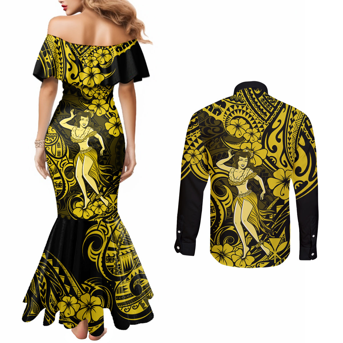 Hawaii Hula Girl Couples Matching Mermaid Dress and Long Sleeve Button Shirts Hibiscus Hawaii Tribal Tattoo Yellow Version LT01 - Polynesian Pride