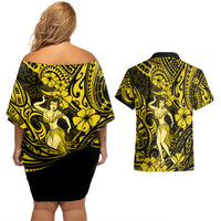 Hawaii Hula Girl Couples Matching Off Shoulder Short Dress and Hawaiian Shirt Hibiscus Hawaii Tribal Tattoo Yellow Version LT01 - Polynesian Pride