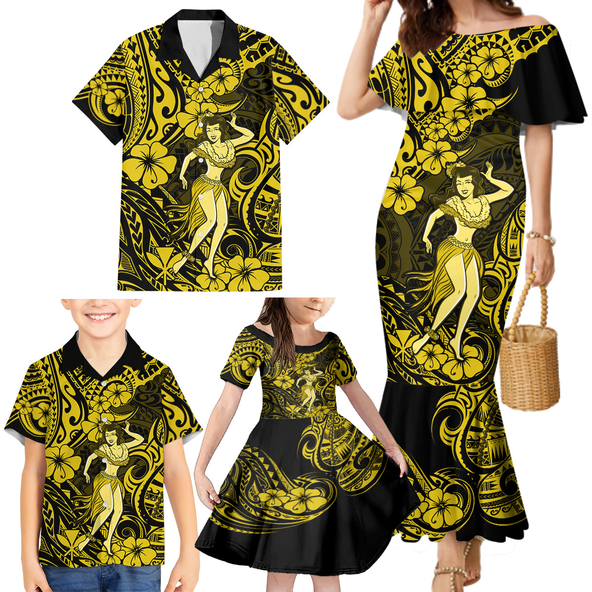 Hawaii Hula Girl Family Matching Mermaid Dress and Hawaiian Shirt Hibiscus Hawaii Tribal Tattoo Yellow Version LT01 - Polynesian Pride