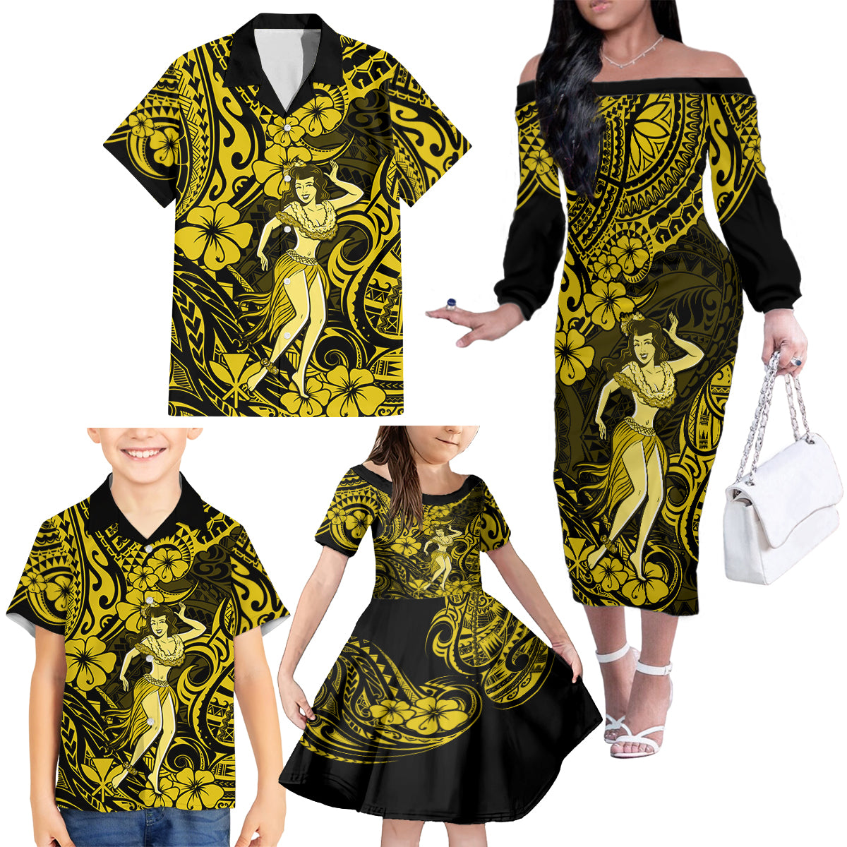 Hawaii Hula Girl Family Matching Off Shoulder Long Sleeve Dress and Hawaiian Shirt Hibiscus Hawaii Tribal Tattoo Yellow Version LT01 - Polynesian Pride