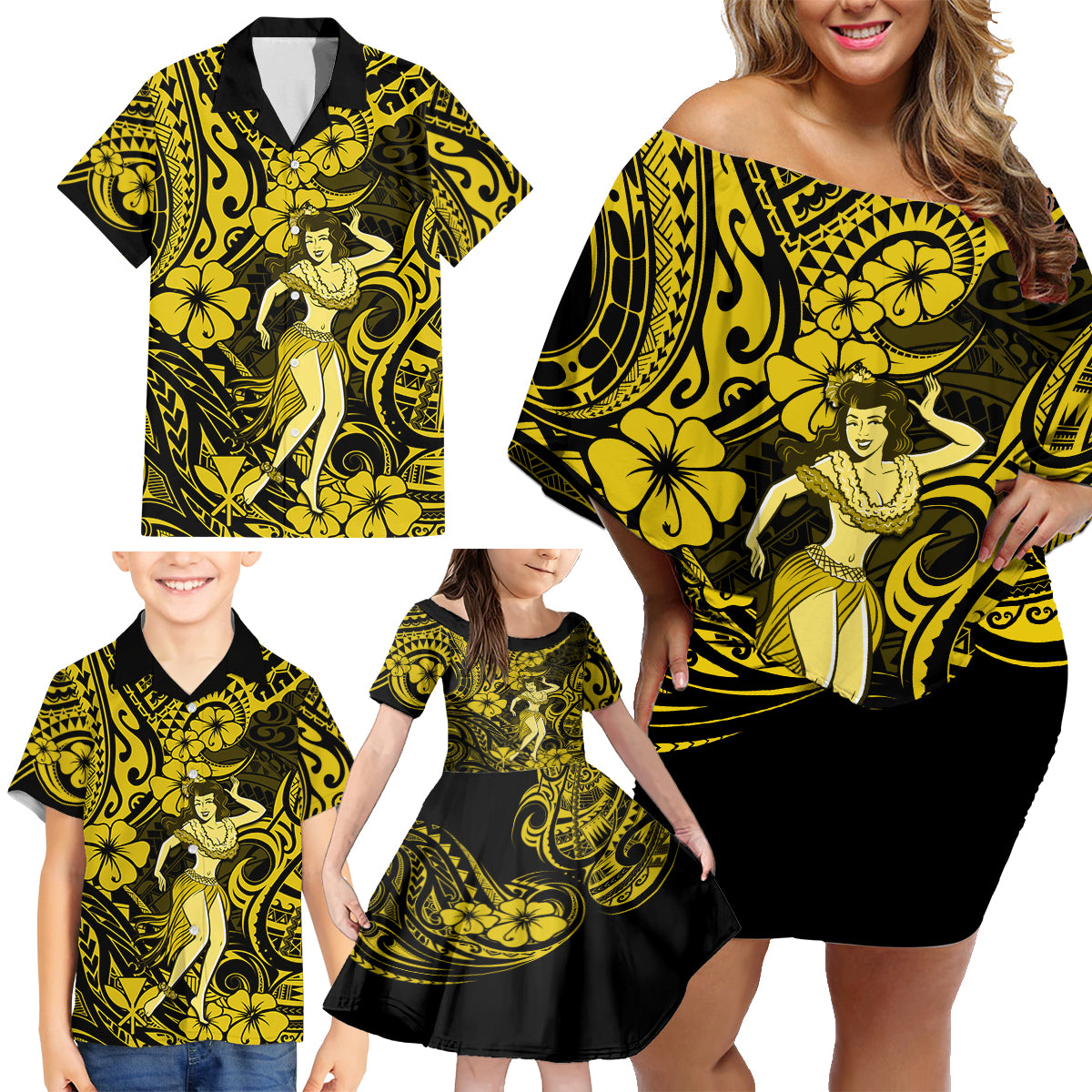 Hawaii Hula Girl Family Matching Off Shoulder Short Dress and Hawaiian Shirt Hibiscus Hawaii Tribal Tattoo Yellow Version LT01 - Polynesian Pride