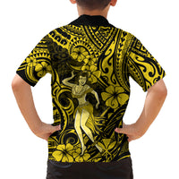 Hawaii Hula Girl Family Matching Short Sleeve Bodycon Dress and Hawaiian Shirt Hibiscus Hawaii Tribal Tattoo Yellow Version LT01 - Polynesian Pride