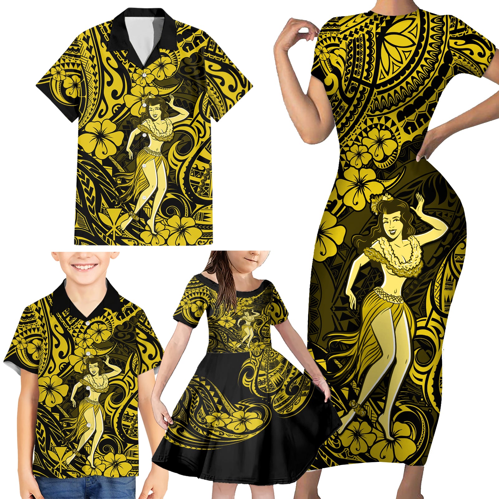 Hawaii Hula Girl Family Matching Short Sleeve Bodycon Dress and Hawaiian Shirt Hibiscus Hawaii Tribal Tattoo Yellow Version LT01 - Polynesian Pride