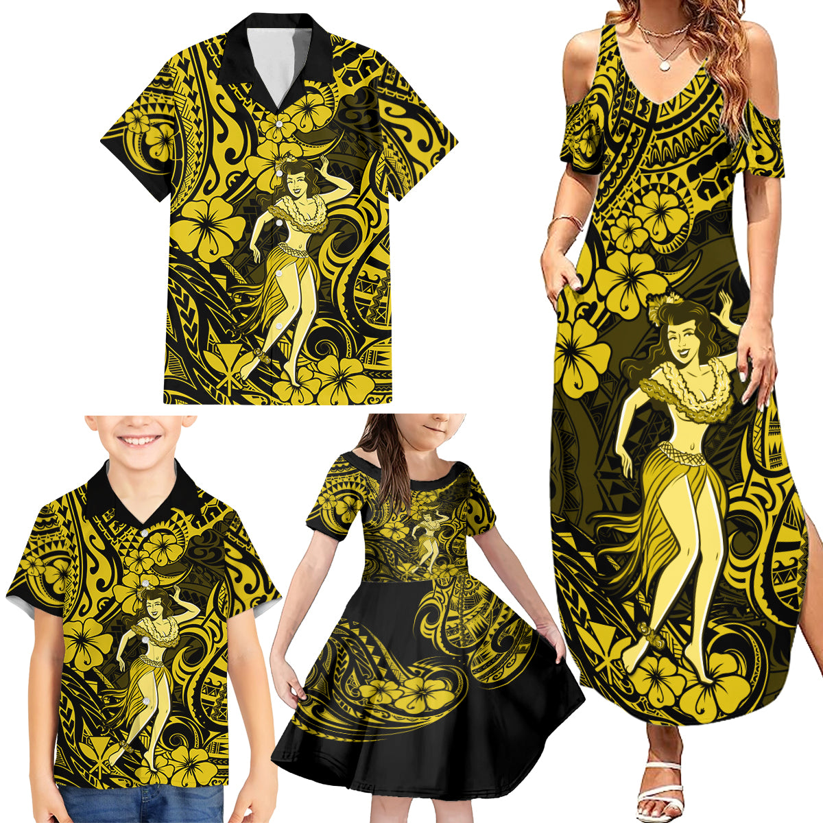 Hawaii Hula Girl Family Matching Summer Maxi Dress and Hawaiian Shirt Hibiscus Hawaii Tribal Tattoo Yellow Version LT01 - Polynesian Pride