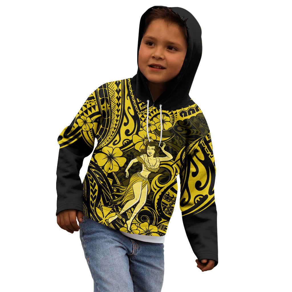 Hawaii Hula Girl Kid Hoodie Hibiscus Hawaii Tribal Tattoo Yellow Version LT01 - Polynesian Pride