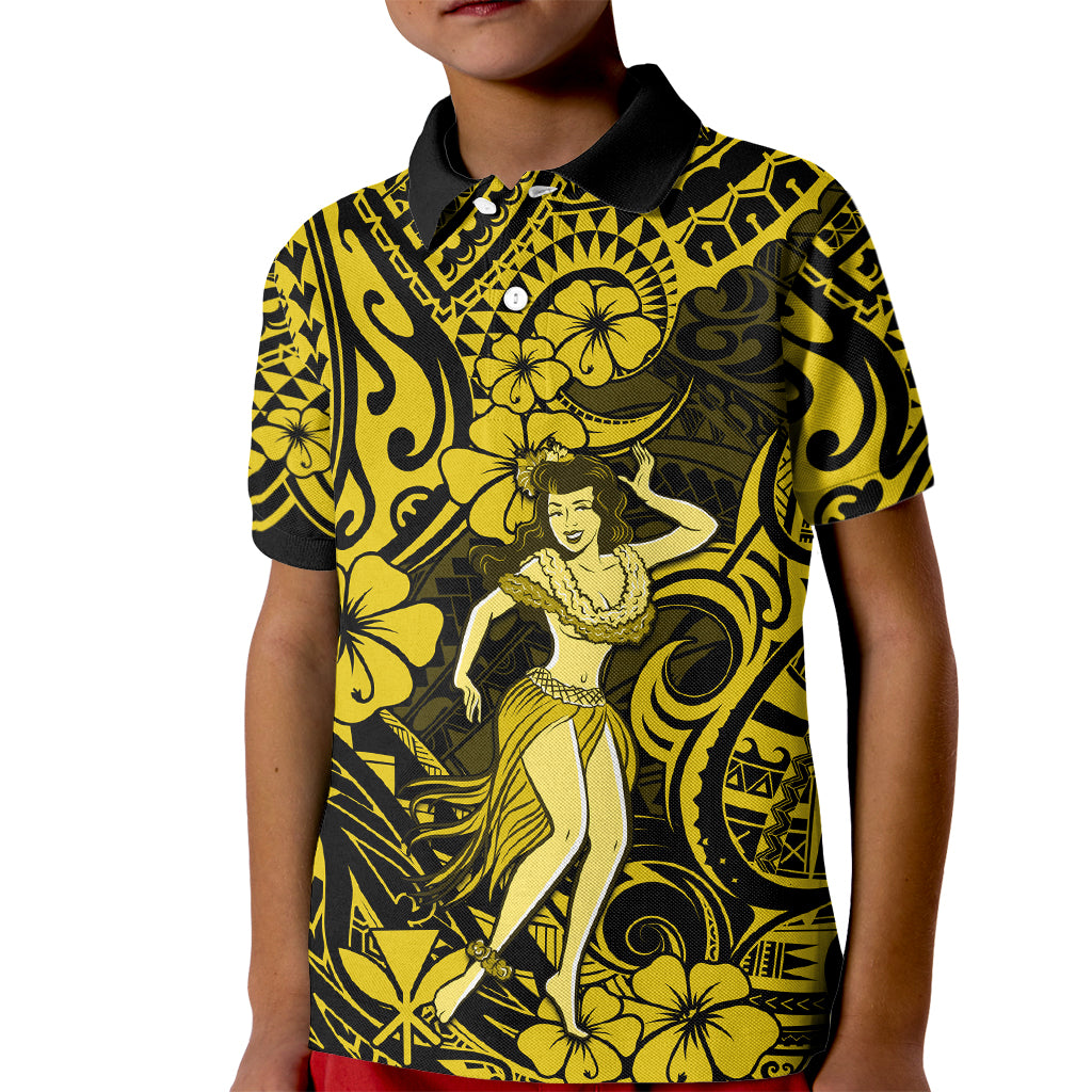 Hawaii Hula Girl Kid Polo Shirt Hibiscus Hawaii Tribal Tattoo Yellow Version LT01 Kid Yellow - Polynesian Pride